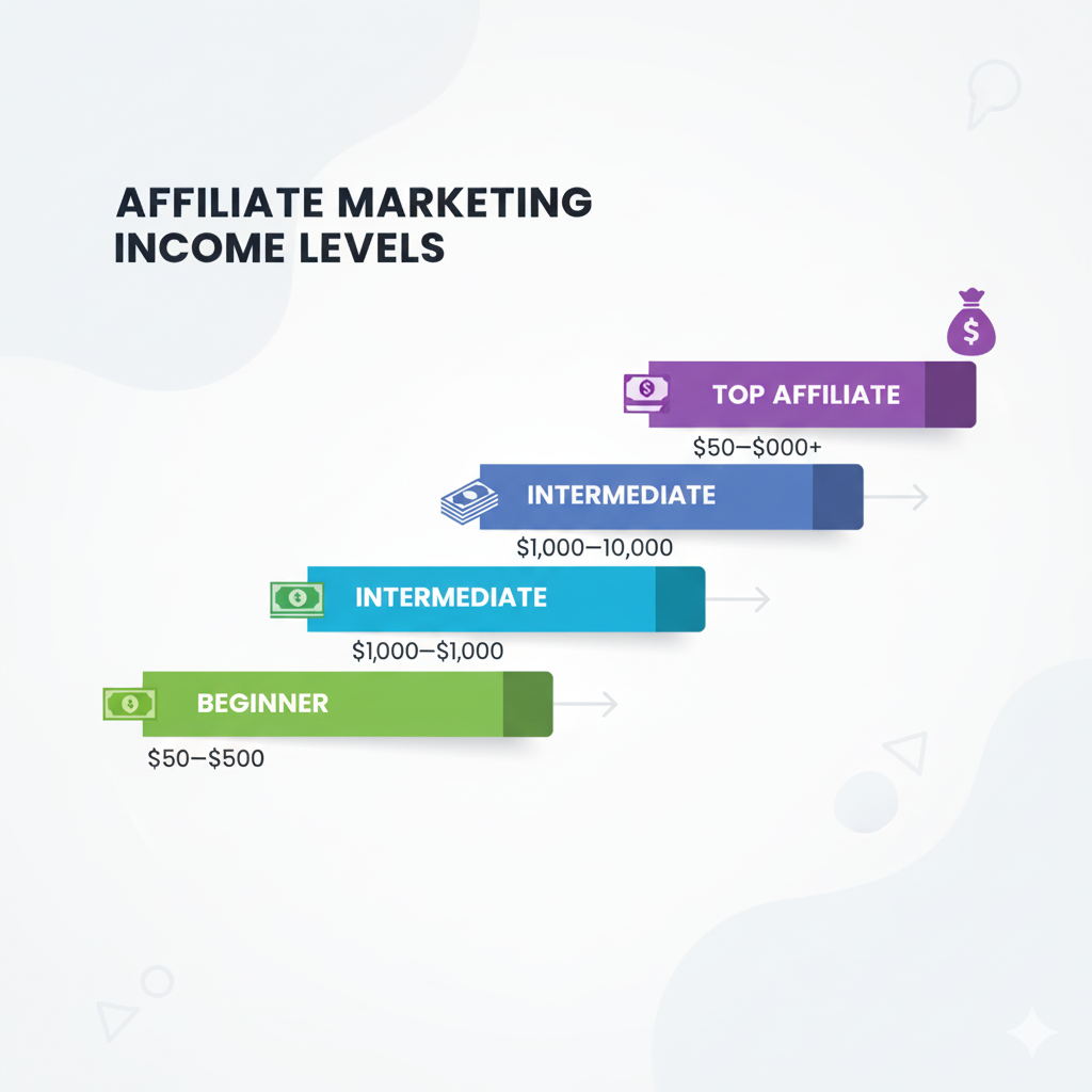 Affiliate marketing earnings 2025 bar chart showing beginner, intermediate, and top affiliate income potential