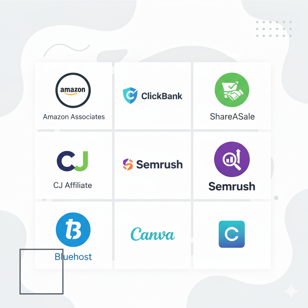 Top affiliate marketing programs 2025 logos including Amazon, ClickBank, ShareASale, Semrush, Canva for beginners
