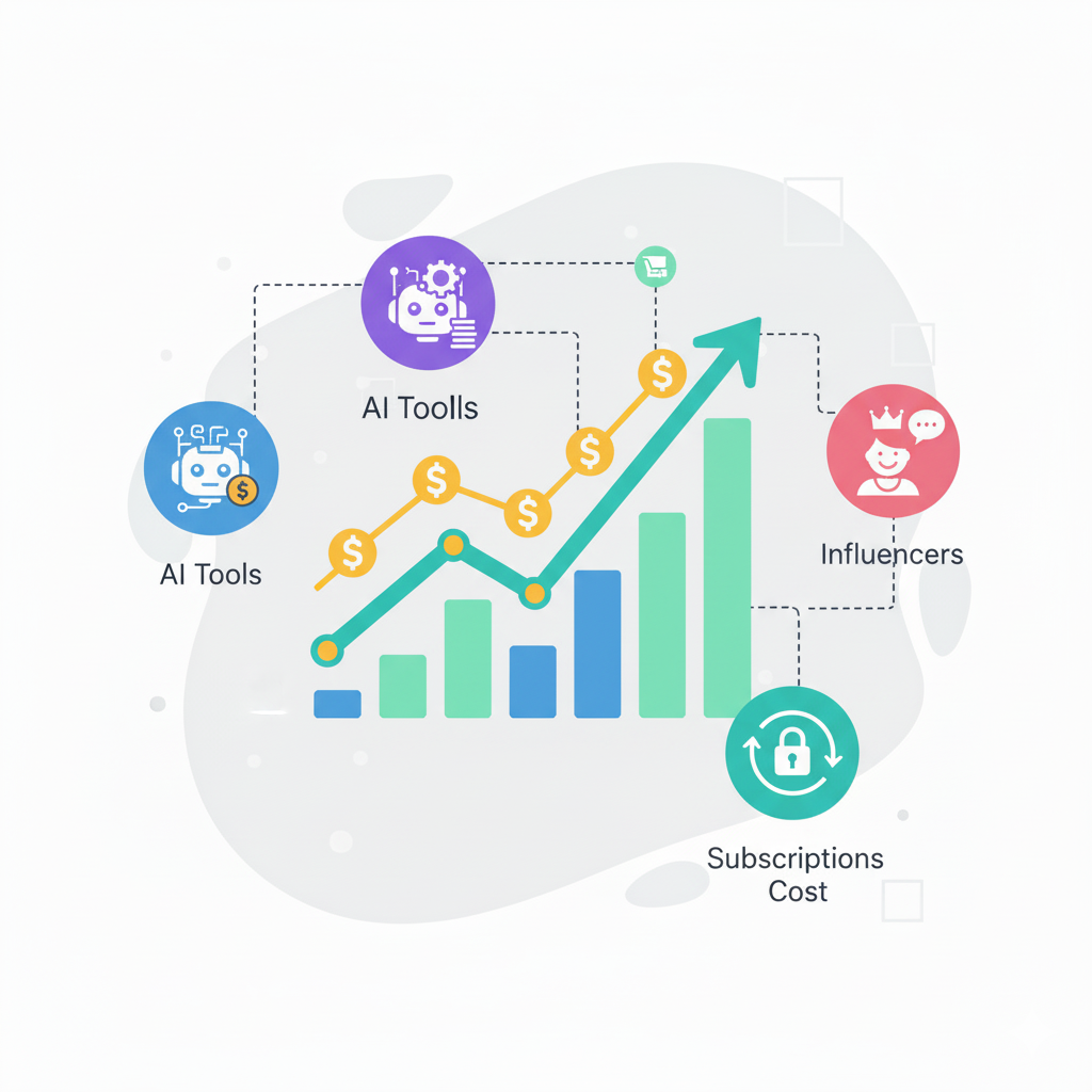 Affiliate marketing in 2025 illustration showing laptop, dollar signs, growth charts, and affiliate links for passive income”