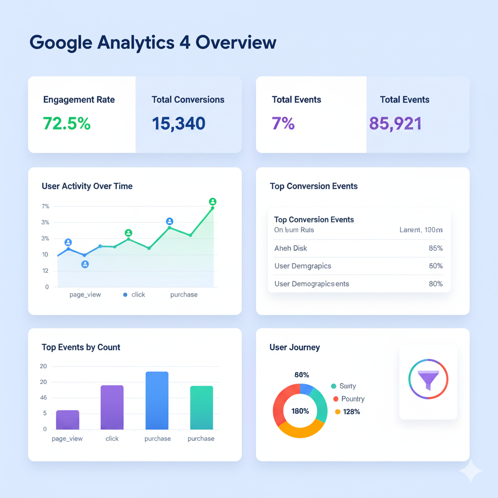 ga4 dashboard metrics, google analytics 4 engagement rate, ga4 conversions and events